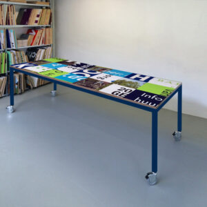 Bouwborden design tafel blauw groen, blauw frame